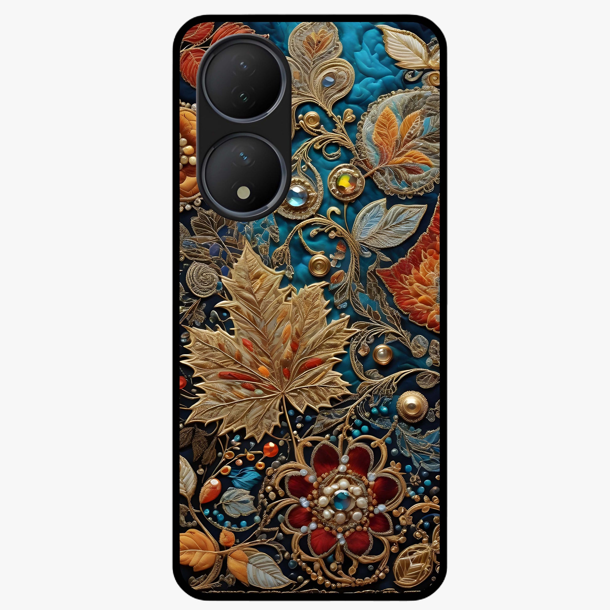 Royal Jewel Garden Glass Case showing flat back view with decorative floral garden artwork and glossy glass finish.