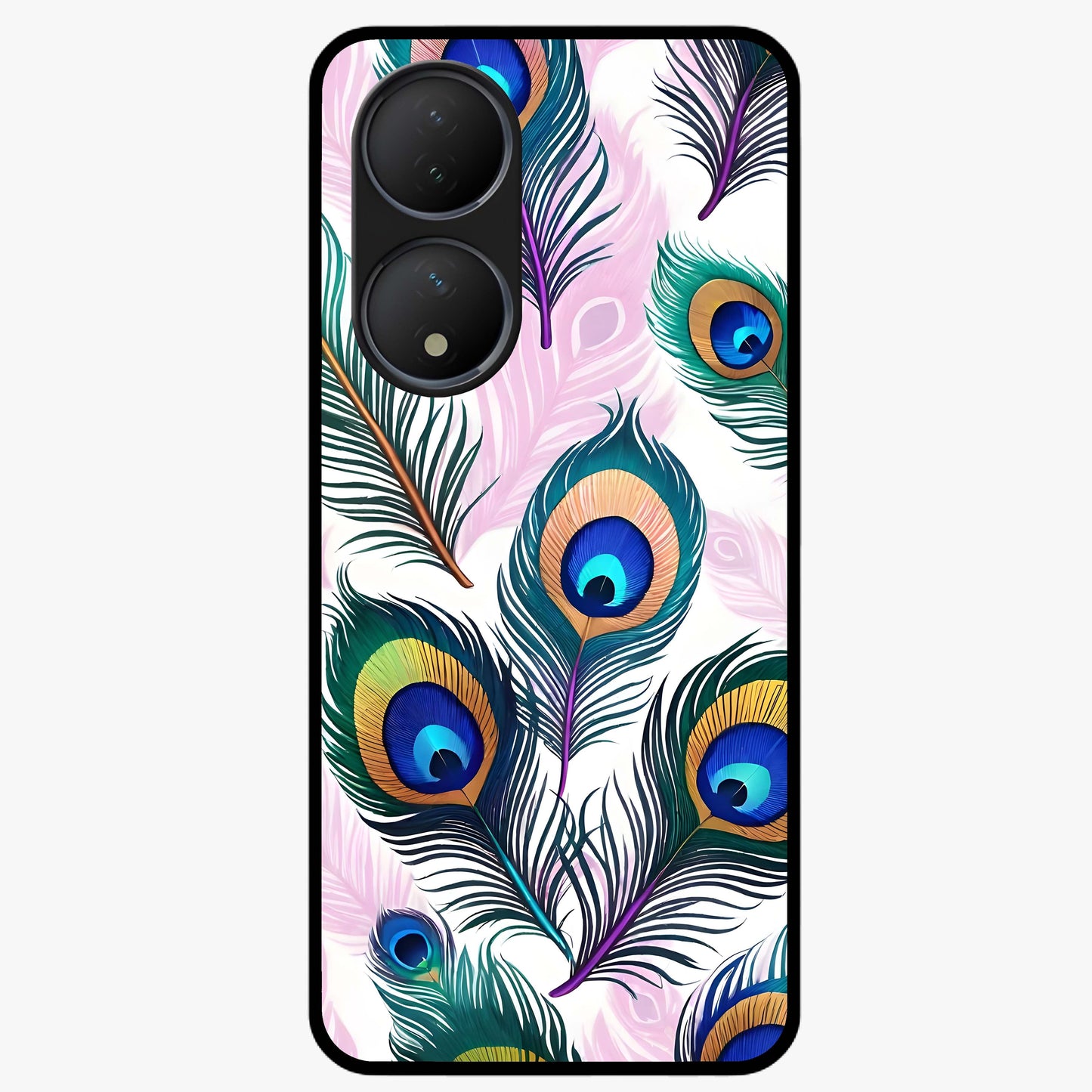 Royal Peacock Feathers Glass Case showing flat back view with colorful peacock feather artwork and glossy glass finish.