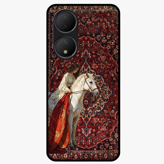 Royal Rider Tapestry Glass Case showing flat back view with majestic horse rider tapestry artwork and glossy glass finish.