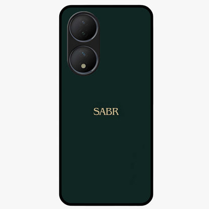 Sabr Minimal Patience Glass Case showing flat back view with minimalist typography artwork and glossy glass finish.