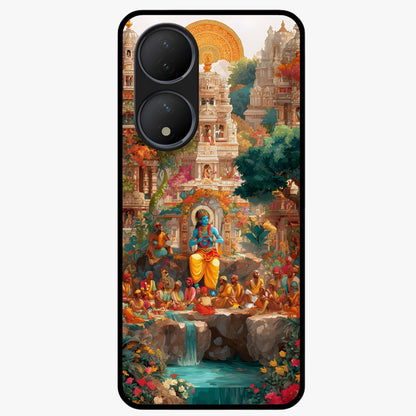 Sacred Sunlight Gods Glass Case showing flat back view with divine sunlight themed artwork and glossy glass finish.