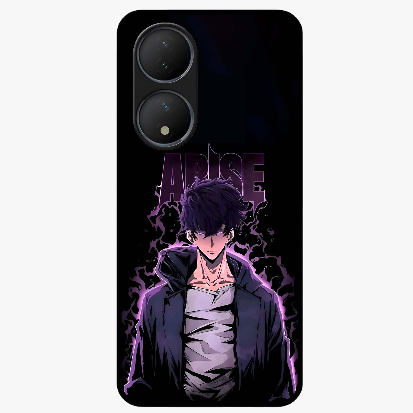 Shadow Monarch Awakening Glass Case showing flat back view with powerful dark monarch themed artwork and glossy glass finish.