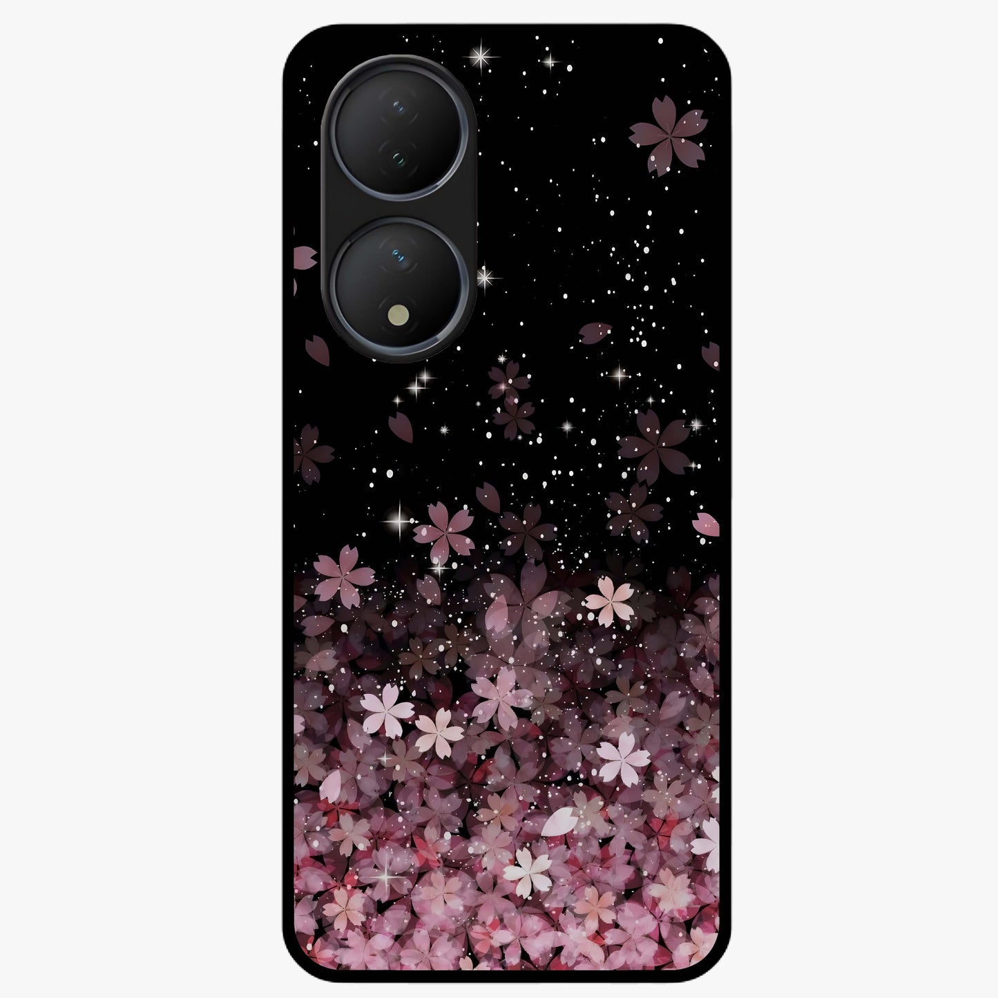 Small Starry Flowers Glass Case showing flat back view with delicate starry floral artwork and glossy glass finish.