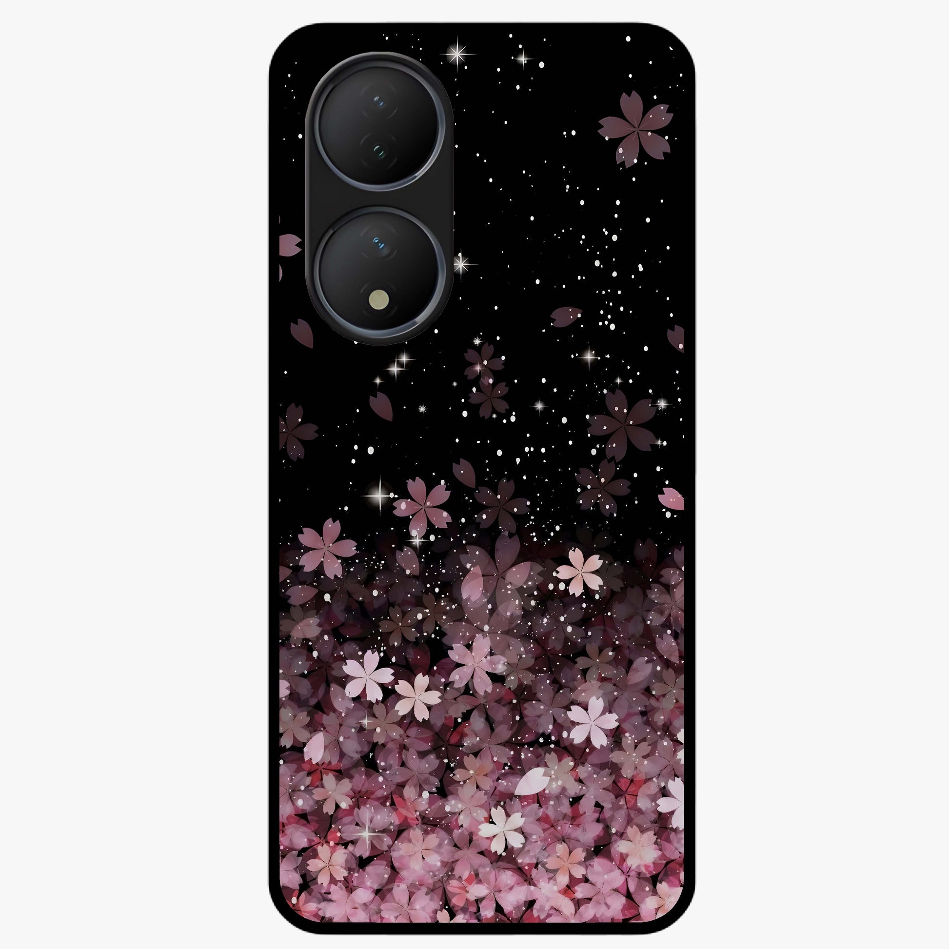 Small Starry Flowers Glass Case showing flat back view with delicate starry floral artwork and glossy glass finish.