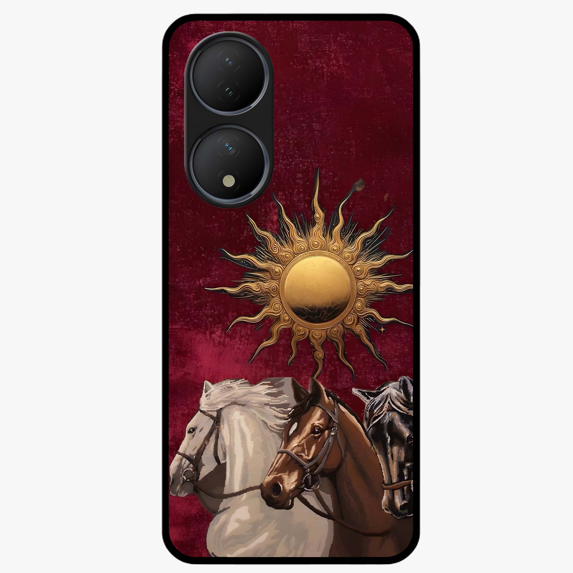 Solar Riders Glass Case showing flat back view with dynamic rider themed artwork and glossy glass finish.
