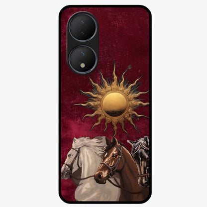 Solar Riders Glass Case showing flat back view with dynamic rider themed artwork and glossy glass finish.