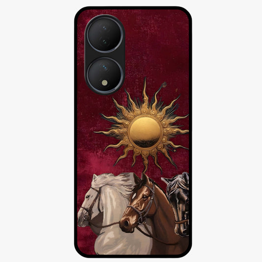 Solar Riders Glass Case showing flat back view with dynamic rider themed artwork and glossy glass finish.
