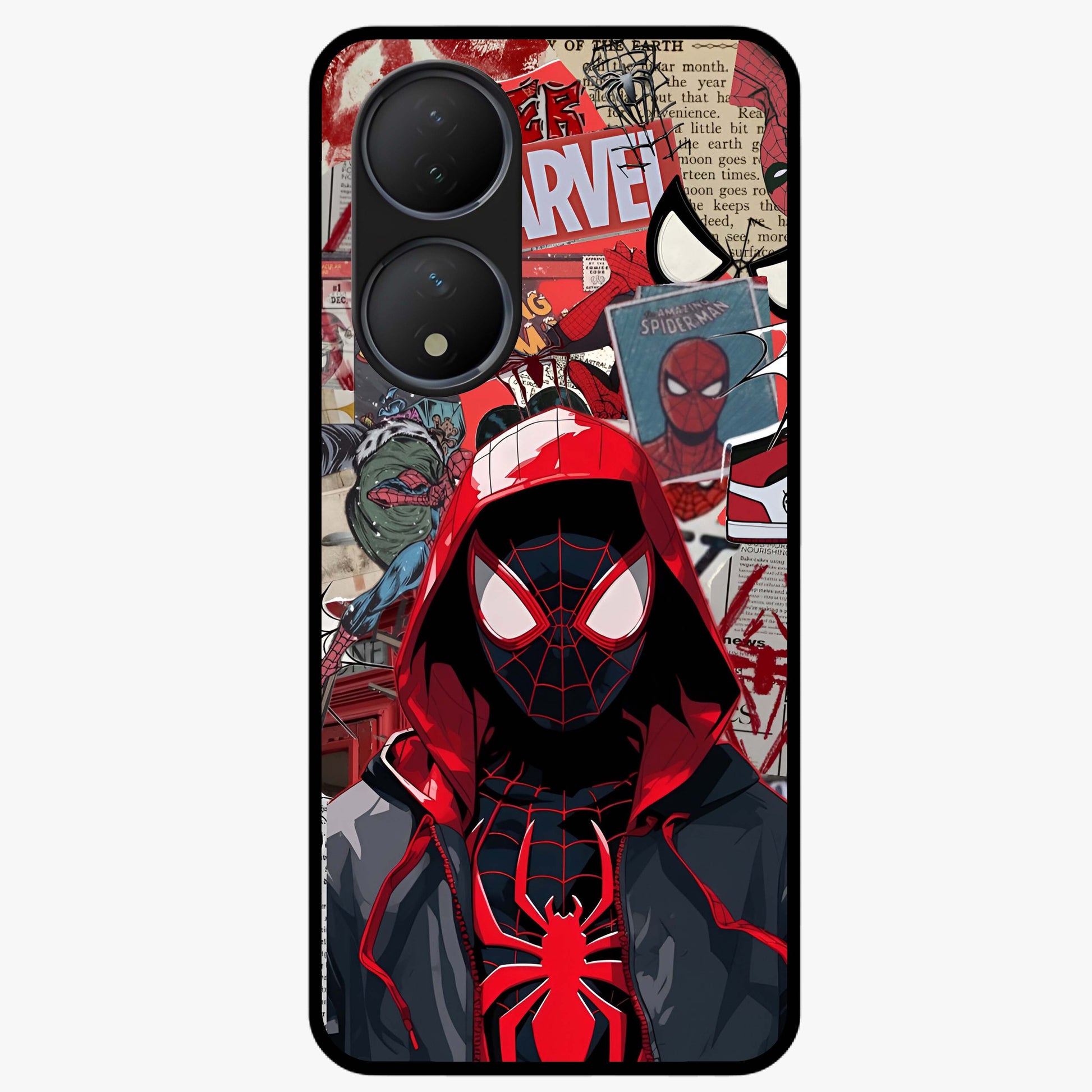Spider Collage Street Glass Case showing flat back view with vibrant superhero collage artwork and glossy glass finish.