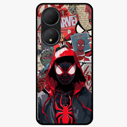 Spider Collage Street Glass Case showing flat back view with vibrant superhero collage artwork and glossy glass finish.
