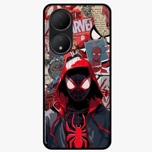 Spider Collage Street Glass Case showing flat back view with vibrant superhero collage artwork and glossy glass finish.