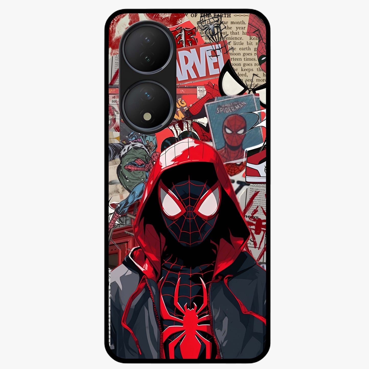 Spider Collage Street Glass Case showing flat back view with vibrant superhero collage artwork and glossy glass finish.