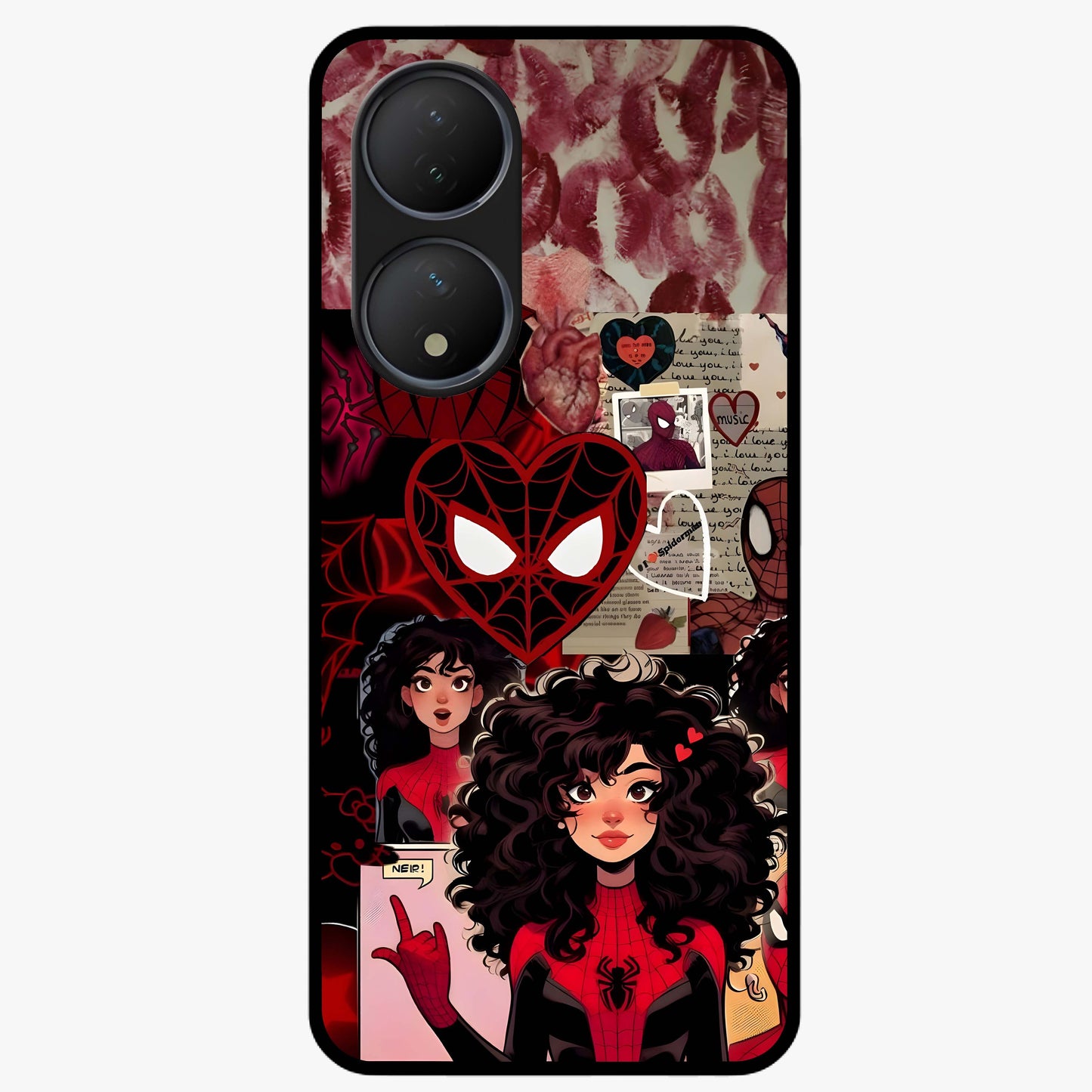 Spider Love Story Glass Case showing flat back view with romantic superhero themed artwork and glossy glass finish.