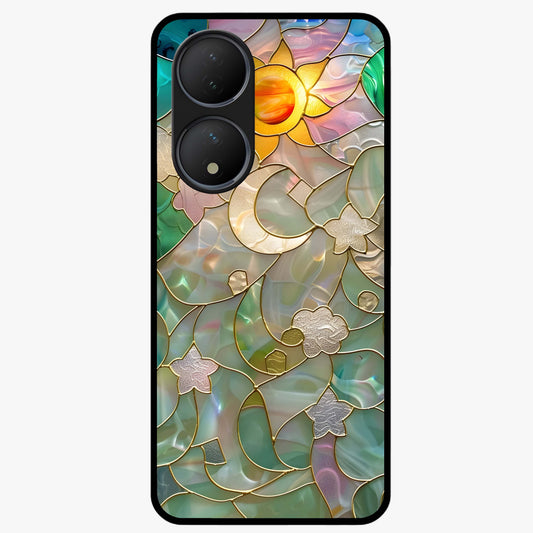 Stained Sunrise Glow Glass Case showing flat back view with glowing sunrise stained pattern artwork and glossy glass finish.