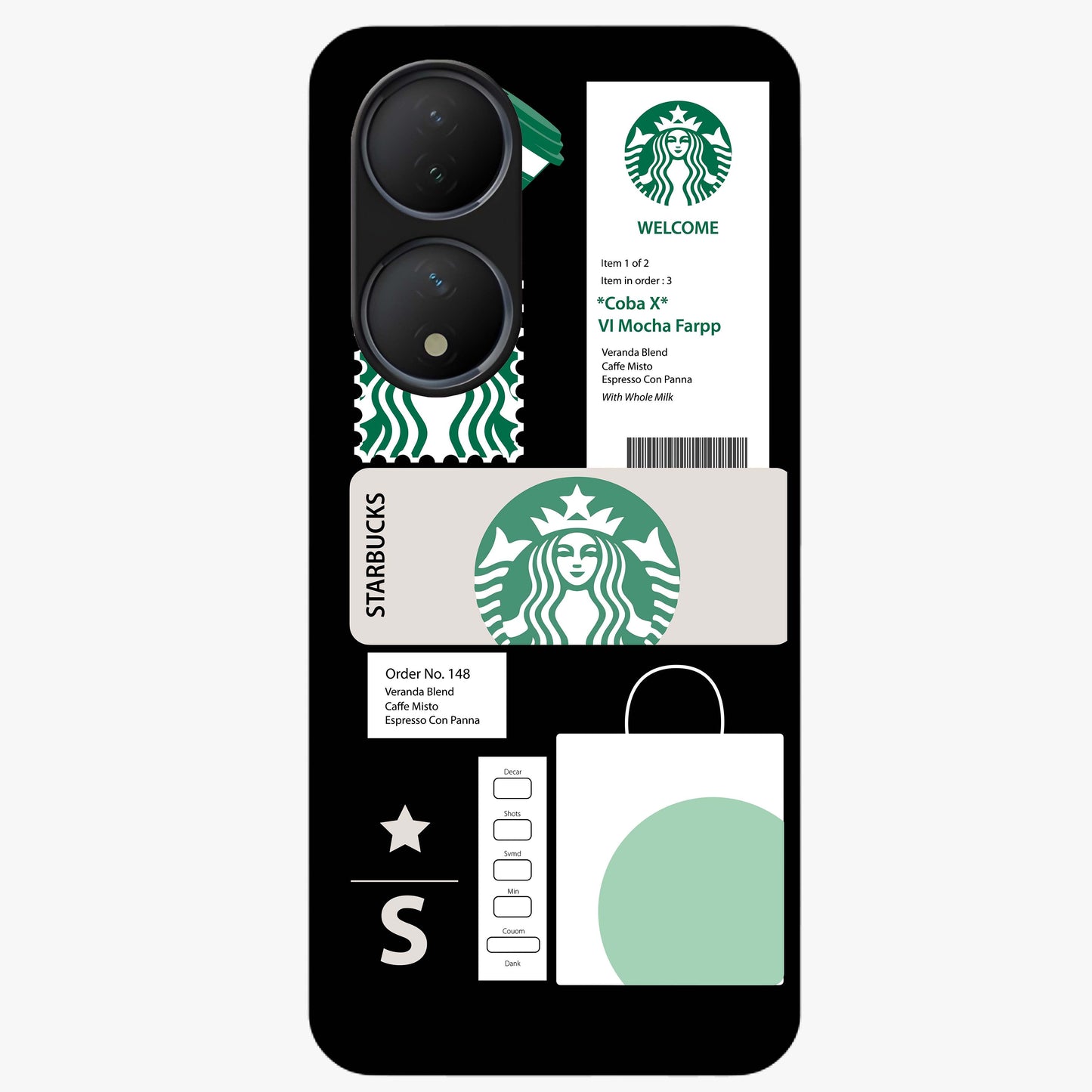 Starbucks Mocha Glass Case showing flat back view with coffee inspired artwork and glossy glass finish.