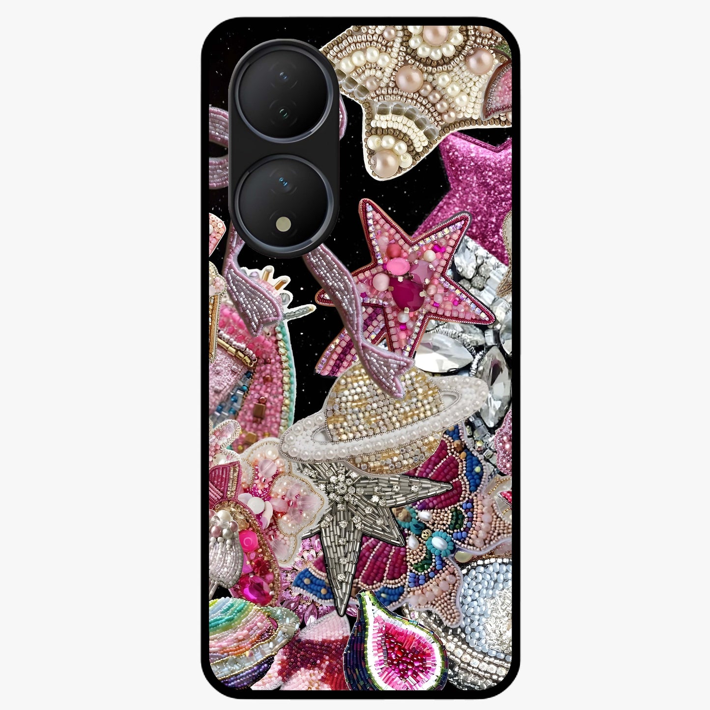 Starlit Jewel Dream Glass Case showing flat back view with sparkling jewel and star themed artwork and glossy glass finish.