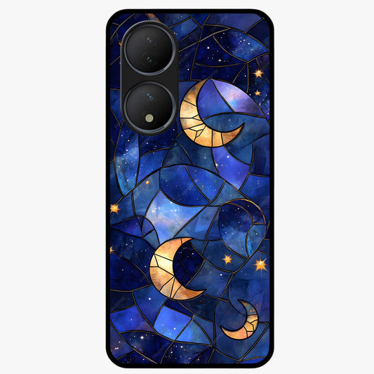 Starlit Sky Tapestry Glass Case showing flat back view with decorative starry sky tapestry artwork and glossy glass finish.