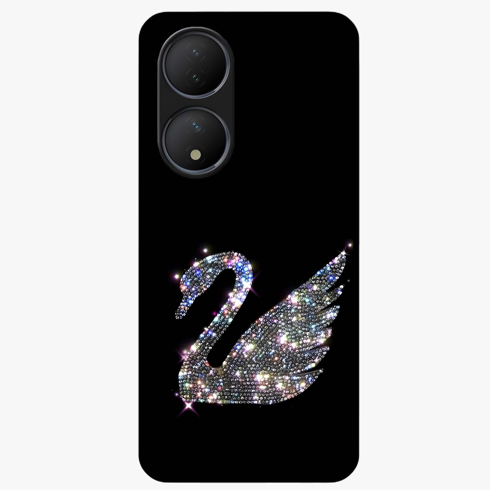 Starlit Swan Grace Glass Case showing flat back view with graceful swan artwork under starry sky and glossy glass finish.
