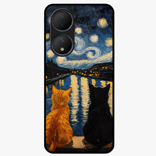 Starry River Cats Glass Case showing flat back view with cats by a starry river artwork and glossy glass finish.