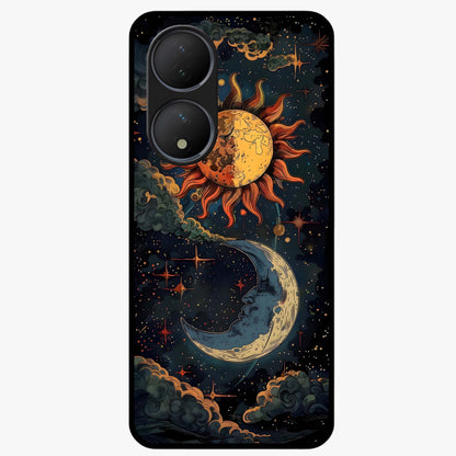 Sun And Moon Magic Design Glass Case showing flat back view with mystical sun and moon artwork and glossy glass finish.