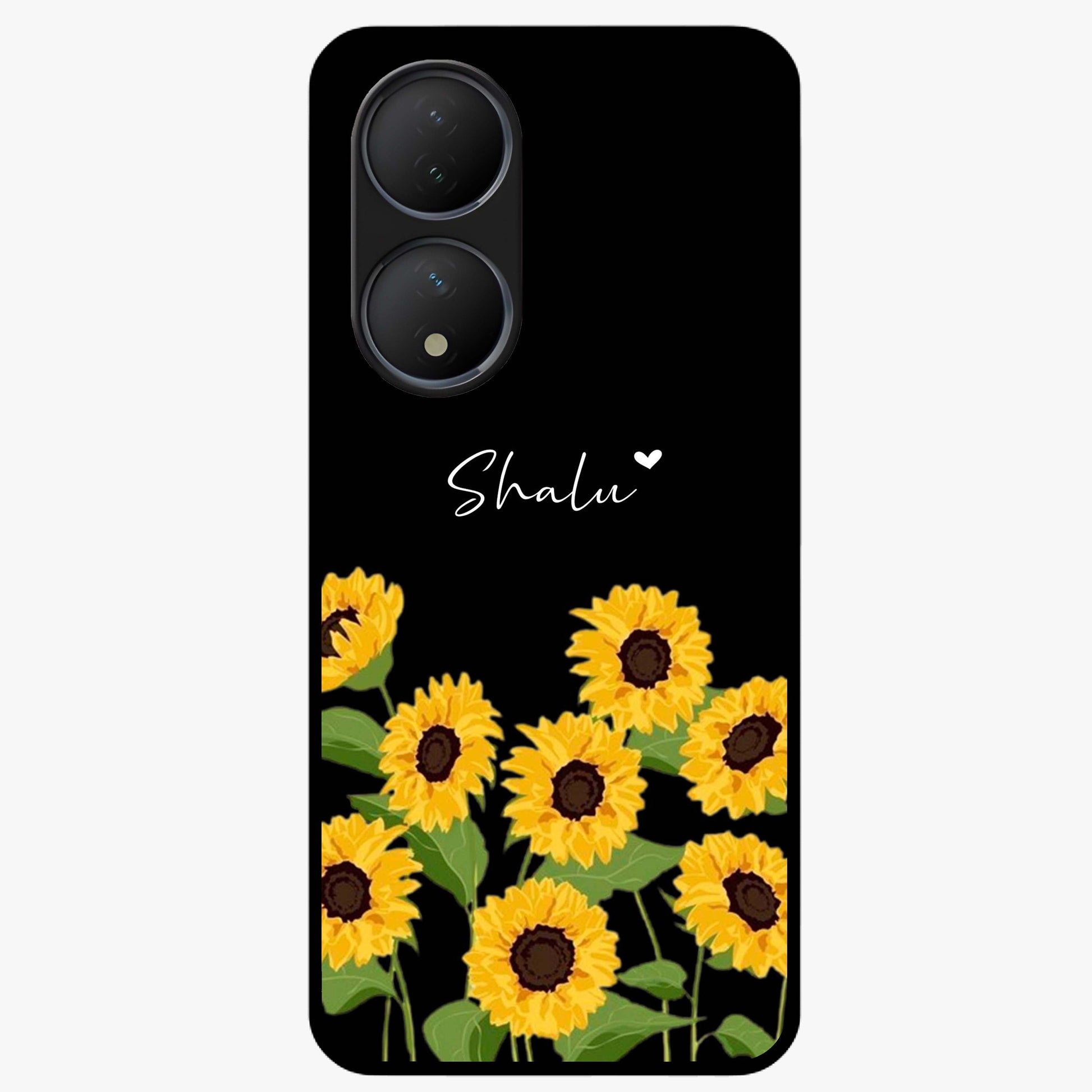 Sunflower Chic Mood Custom Name Glass Case showing flat back view with stylish sunflower artwork and personalized name design.