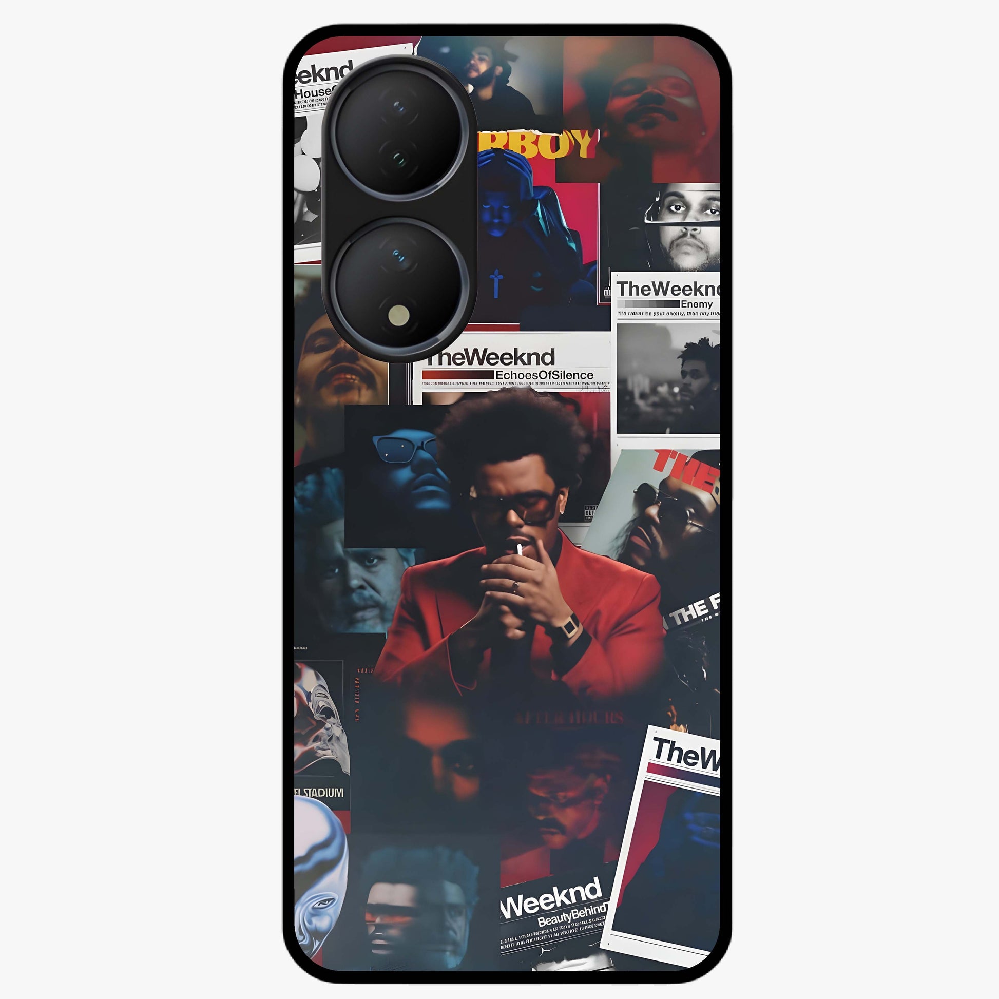 The Weeknd Glass Case showing flat back view with music inspired artistic portrait artwork and glossy glass finish.