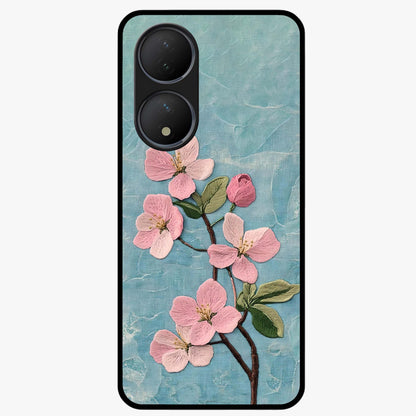 Threaded Blossom Breeze Glass Case showing flat back view with delicate blossom artwork and glossy glass finish.