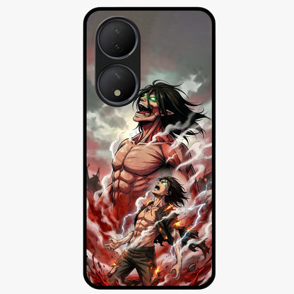 Titan Awakening Fury Glass Case showing flat back view with powerful titan inspired artwork and glossy glass finish.