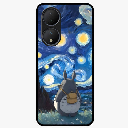 Totoro In Van Gogh Art Glass Case showing flat back view with whimsical character artwork inspired by Van Gogh style and glossy glass finish.