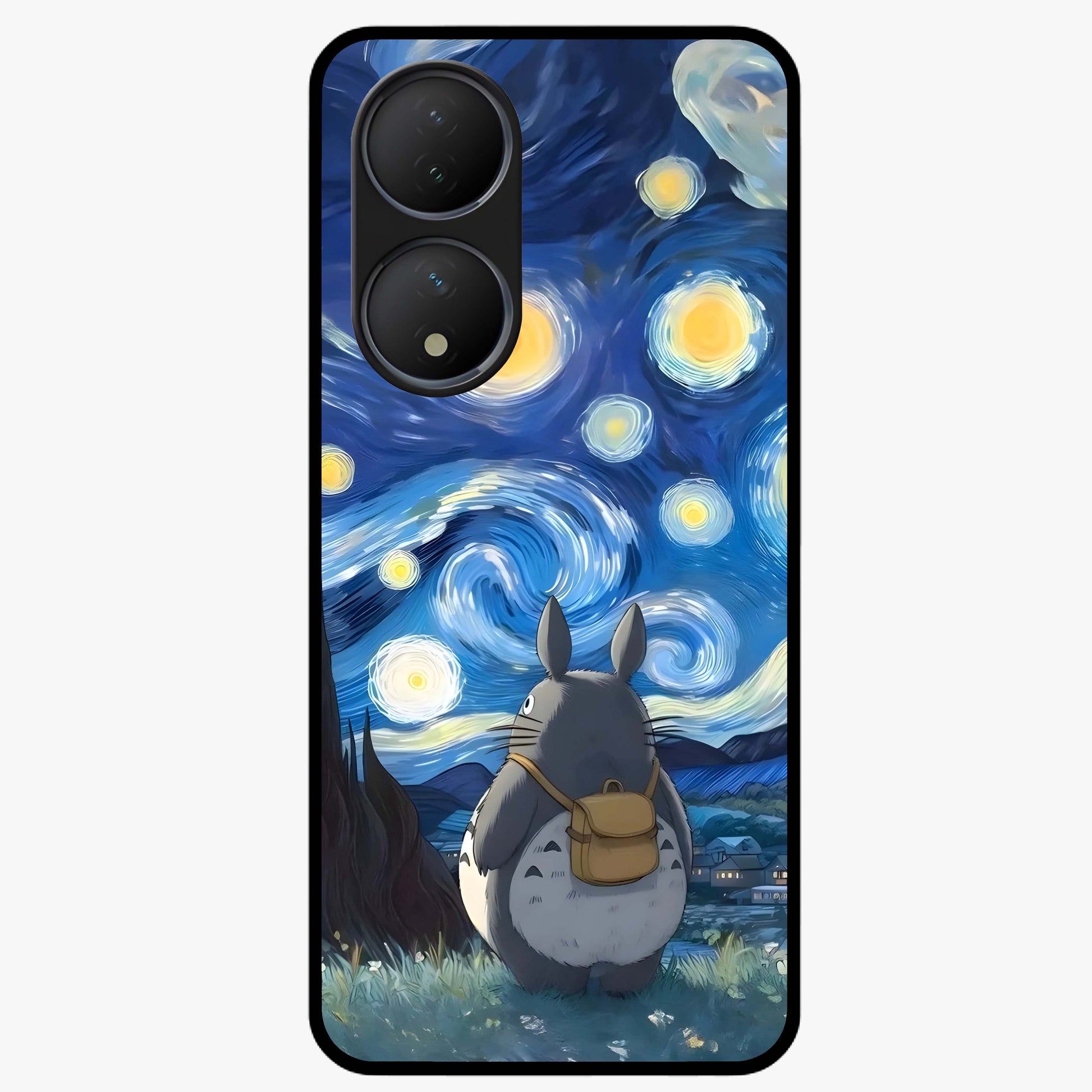 Totoro In Van Gogh Art Glass Case showing flat back view with whimsical character artwork inspired by Van Gogh style and glossy glass finish.