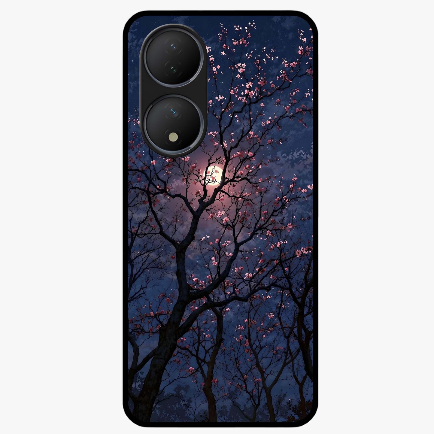 Twilight Sakura Serenade Glass Case showing flat back view with cherry blossom artwork at twilight and glossy glass finish.