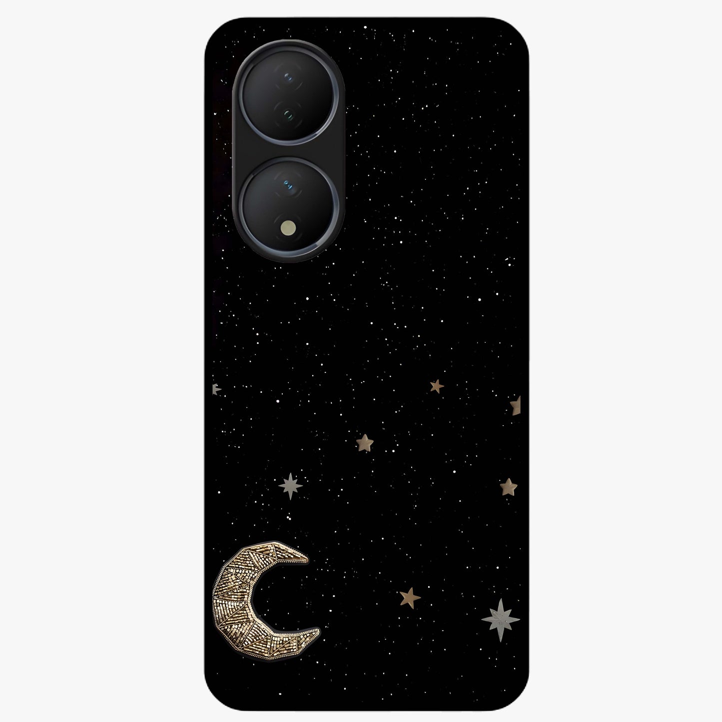 Twinkle Star With Half Moon Glass Case showing flat back view with star and half moon artwork and glossy glass finish.