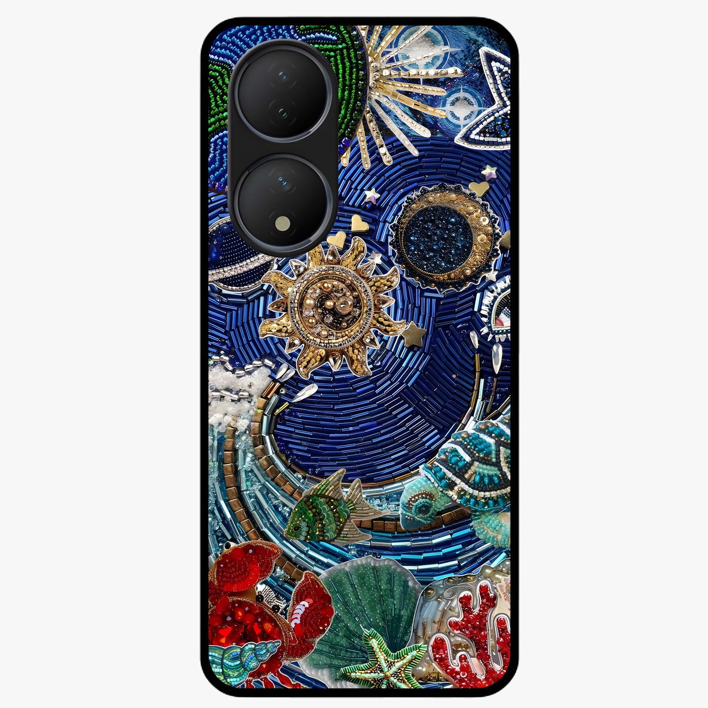 Universe Underwater Spark Glass Case showing flat back view with cosmic underwater themed artwork and glossy glass finish.