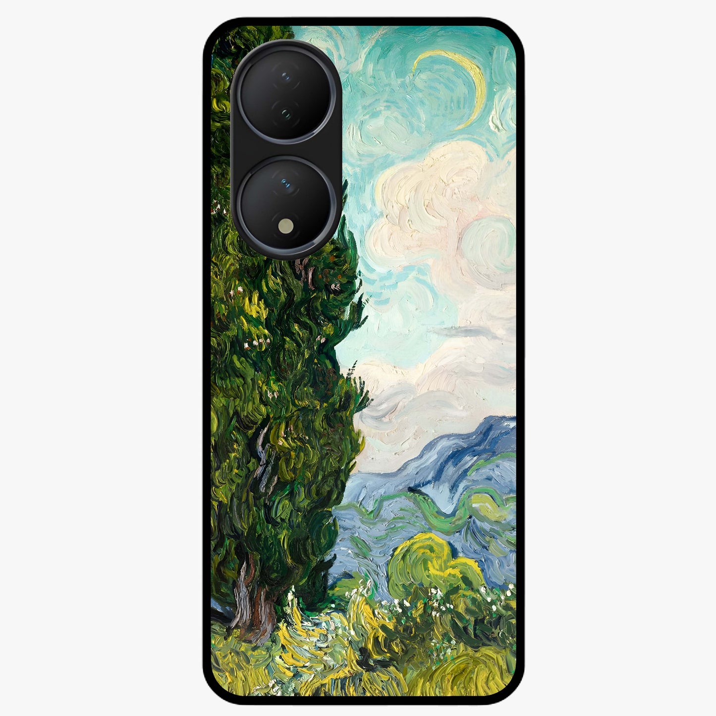 Van Gogh Vintage Art Glass Case showing flat back view with vintage painterly artwork inspired by Van Gogh style and glossy glass finish.