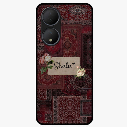 Velvet Wine Pattern Custom Name Glass Case showing flat back view with elegant wine colored pattern artwork and personalized name design.