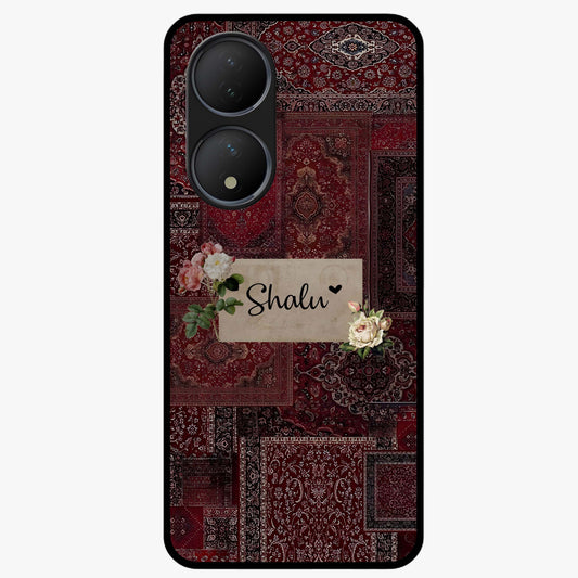 Velvet Wine Pattern Custom Name Glass Case showing flat back view with elegant wine colored pattern artwork and personalized name design.