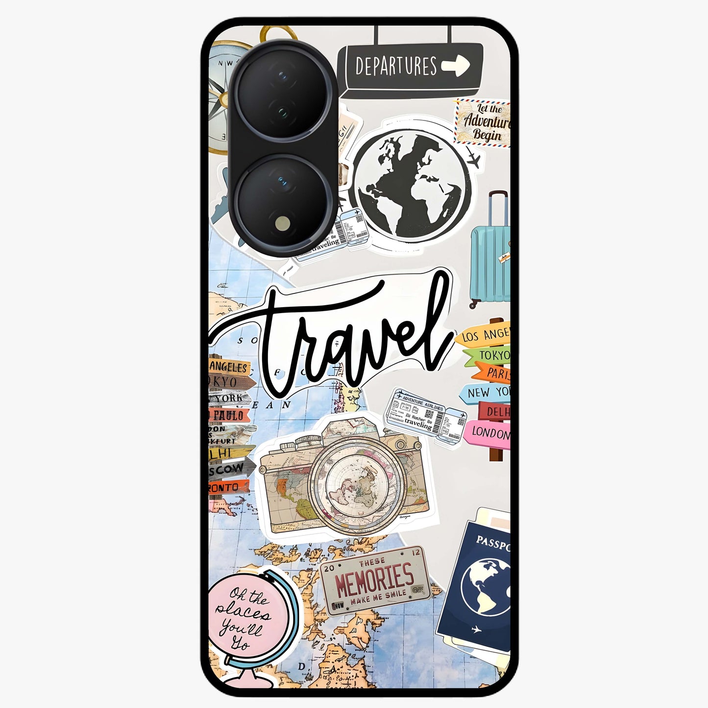 Wanderlust Journal Glass Case showing flat back view with travel inspired artwork and glossy glass finish.