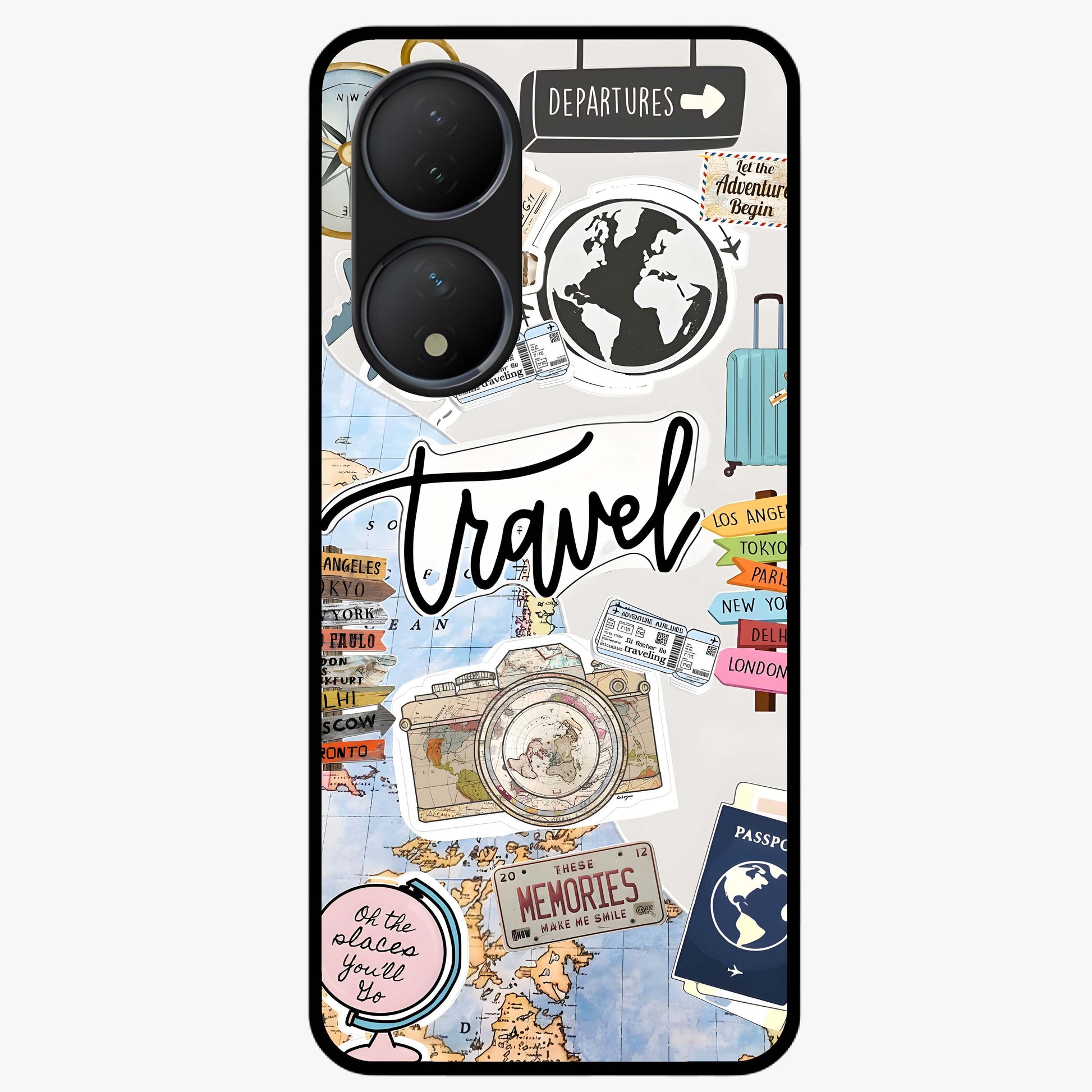 Wanderlust Journal Glass Case showing flat back view with travel inspired artwork and glossy glass finish.