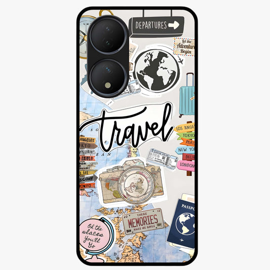 Wanderlust Journal Glass Case showing flat back view with travel inspired artwork and glossy glass finish.