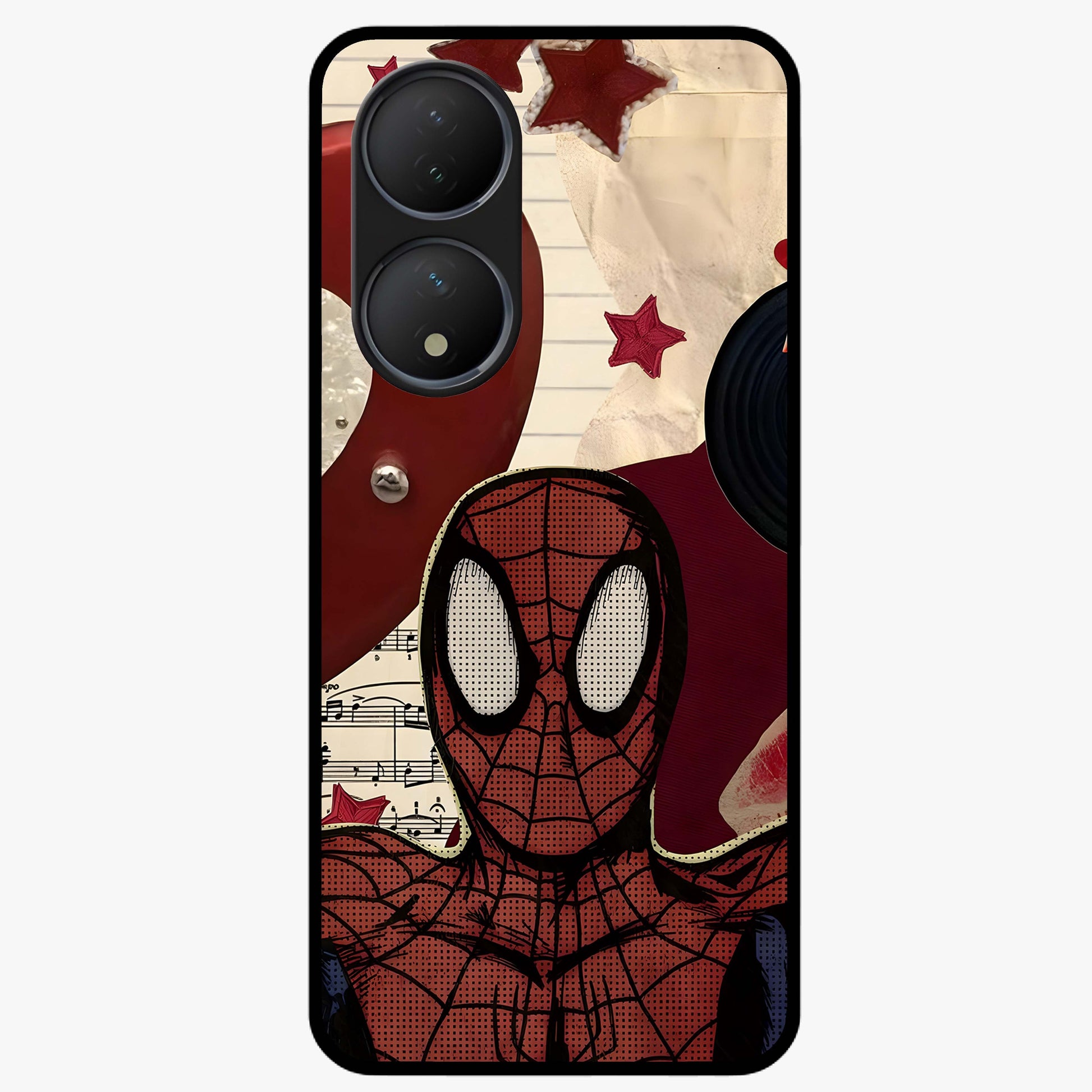 Web Warrior Vibes Glass Case showing flat back view with superhero inspired web themed artwork and glossy glass finish.