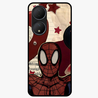 Web Warrior Vibes Glass Case showing flat back view with superhero inspired web themed artwork and glossy glass finish.