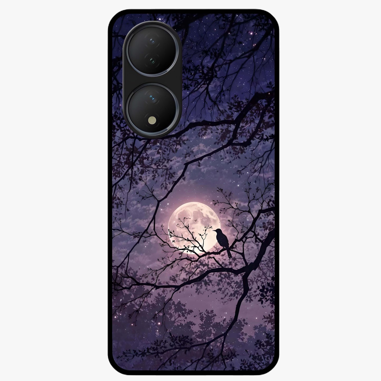 Whispering Moon Silence Glass Case showing flat back view with serene moon themed artwork and glossy glass finish.