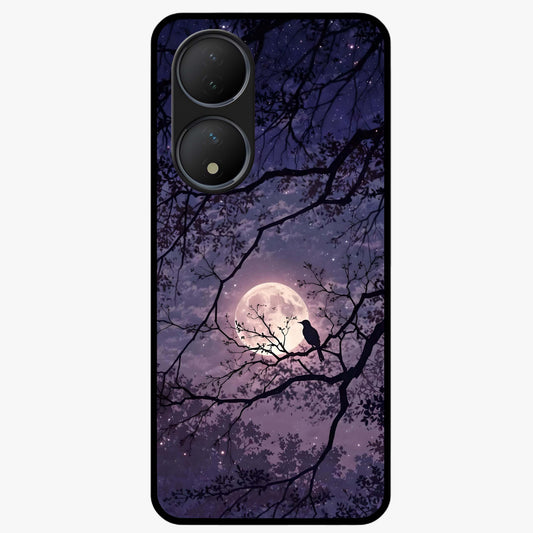 Whispering Moon Silence Glass Case showing flat back view with serene moon themed artwork and glossy glass finish.