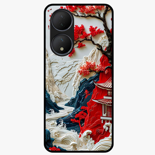 Whispers Of Sakura Waves Glass Case showing flat back view with cherry blossom wave artwork and glossy glass finish.