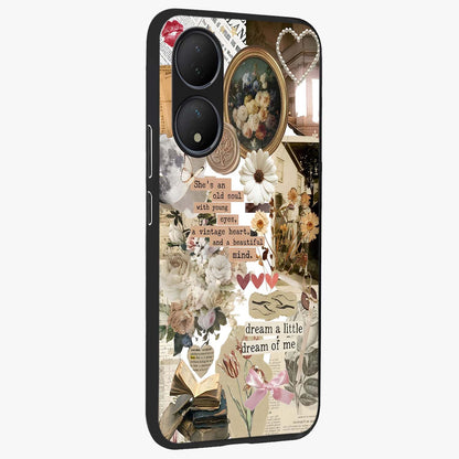Aesthetic Brown Vintage Collage Glass Case upright view showcasing nostalgic retro artwork with stylish vintage theme.