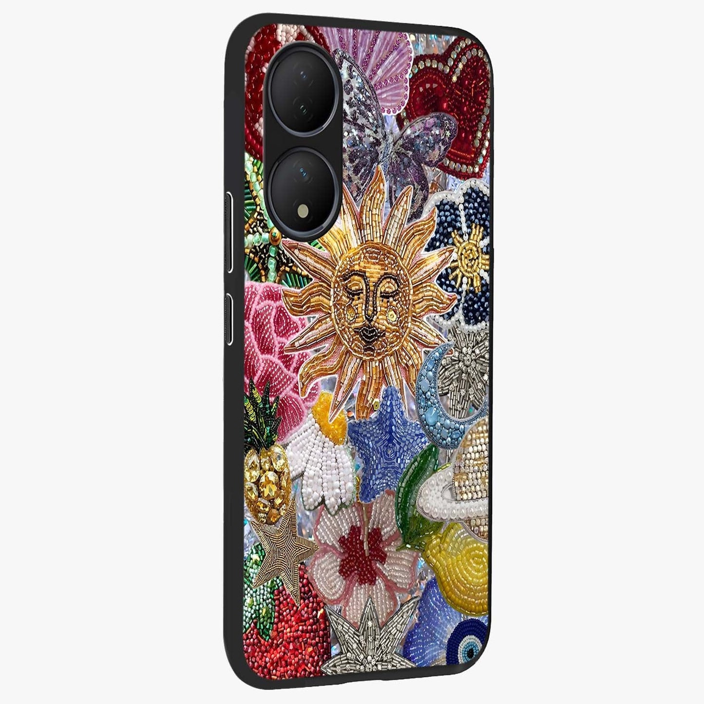 Celestial Floral and Playful Glass Case upright view showcasing whimsical floral artwork with cosmic aesthetic theme.
