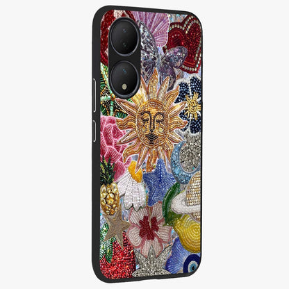 Celestial Floral and Playful Glass Case upright view showcasing whimsical floral artwork with cosmic aesthetic theme.