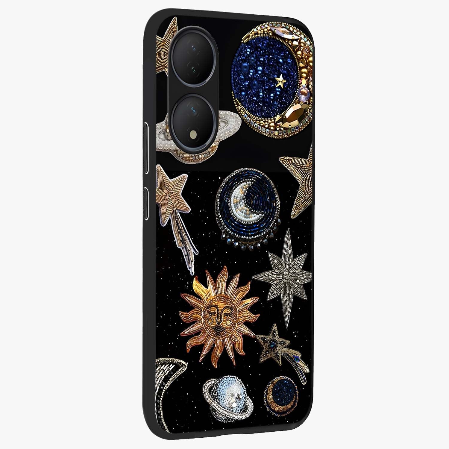 Celestial Gem Constellations Glass Case upright view showcasing cosmic constellation artwork with celestial aesthetic style.