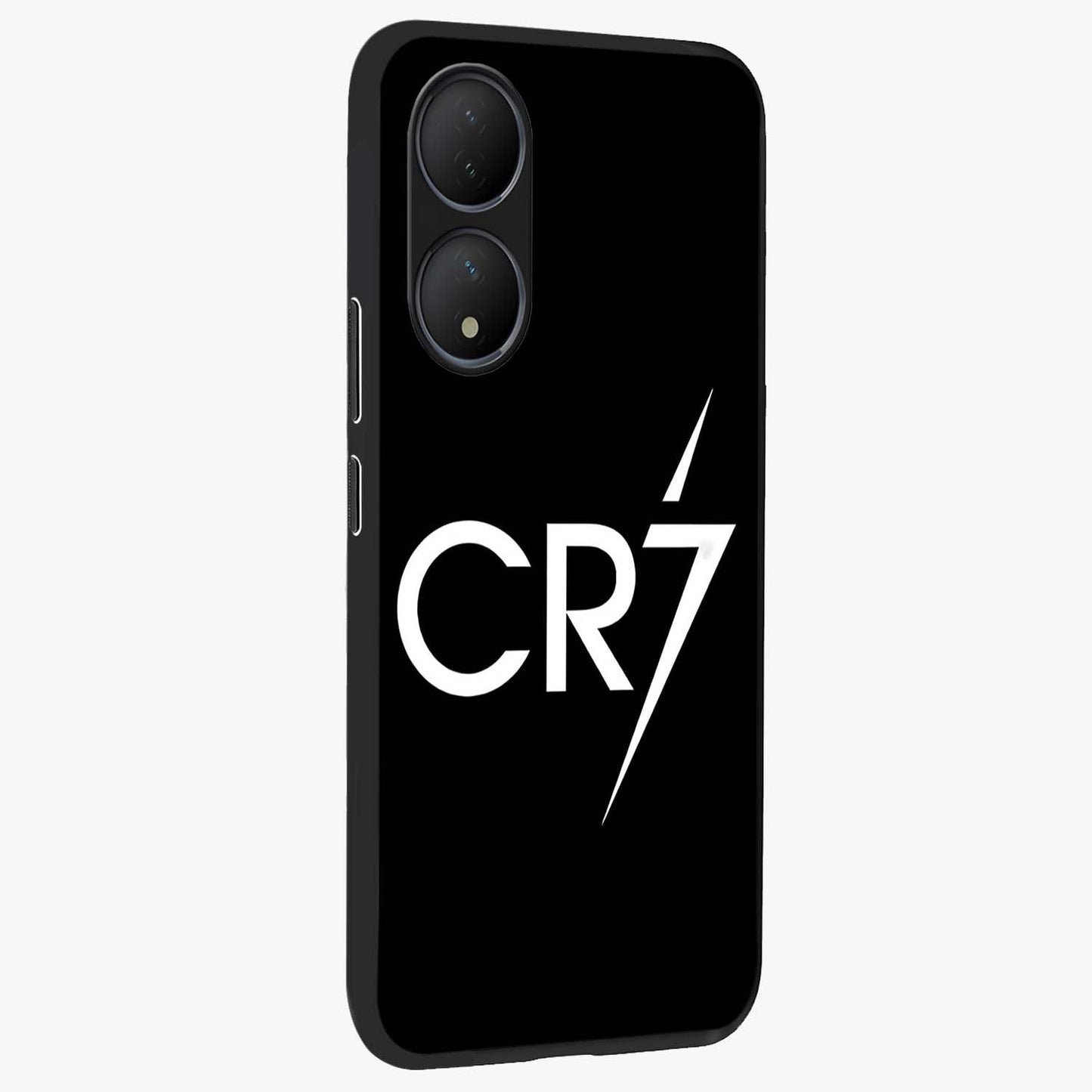 Cr7 Elite Strike Glass Case upright view showcasing energetic football inspired design with modern sports aesthetic.