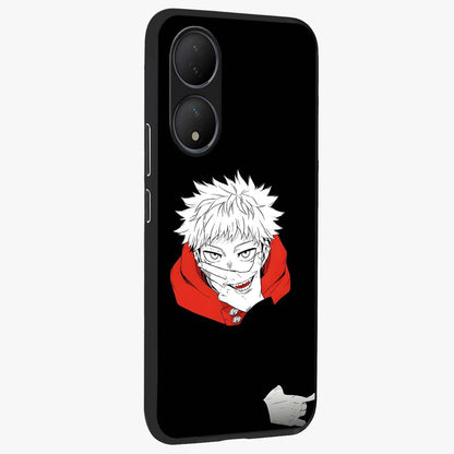 Crimson Chaos Smile Glass Case upright view showcasing expressive chaotic artwork with striking visual theme.
