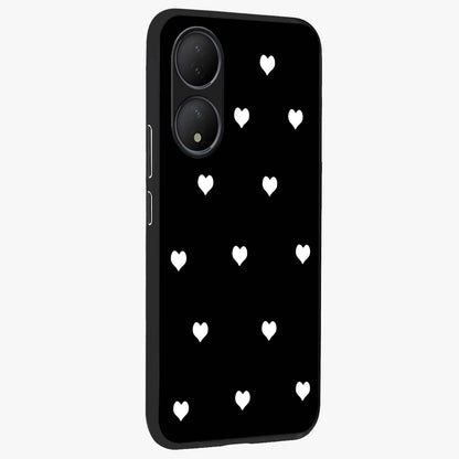 Cute And Simple White Hearts Glass Case upright view showcasing simple white hearts artwork with soft minimal theme.
